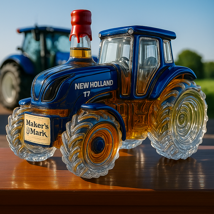 Traditional whisky bottle in the shape of a New Holland T7 tractor