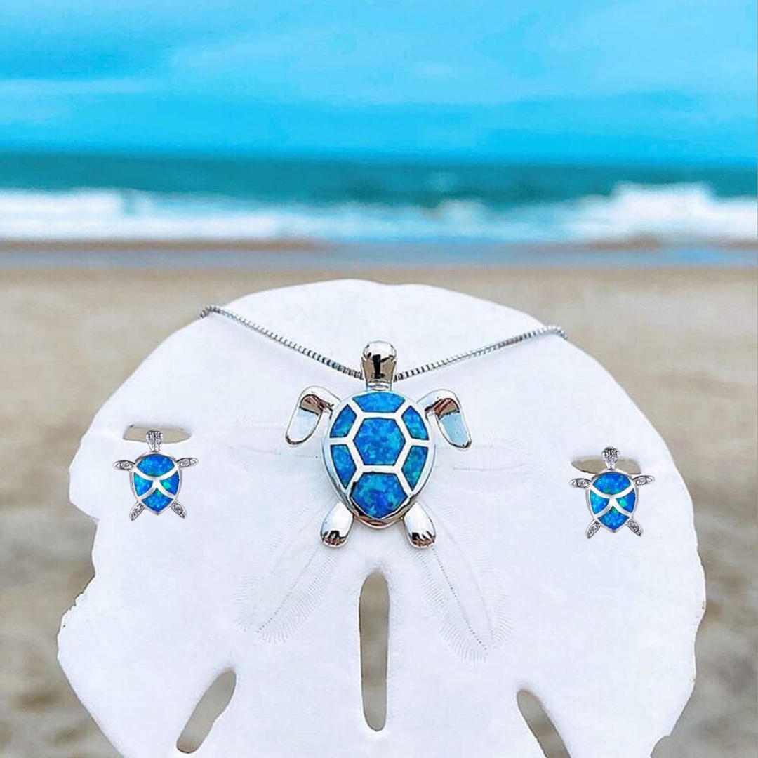 Sea Turtle Set – Silver Necklace and Earrings with Opal