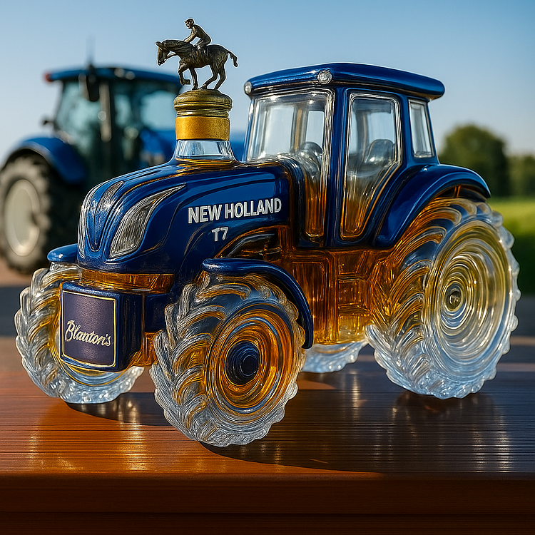 Traditional whisky bottle in the shape of a New Holland T7 tractor